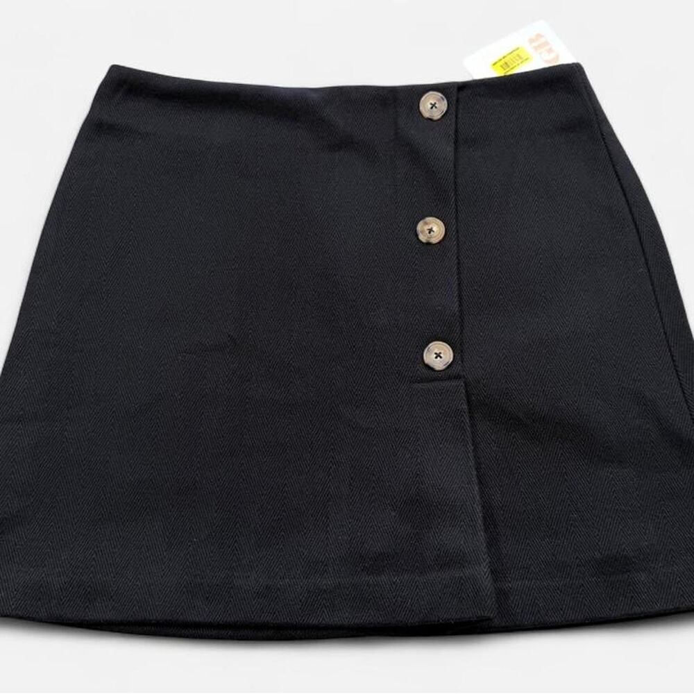 GB Gianni Bini Black Herringbone Faux Wrap Button Front Mini Skirt Womens L NWT